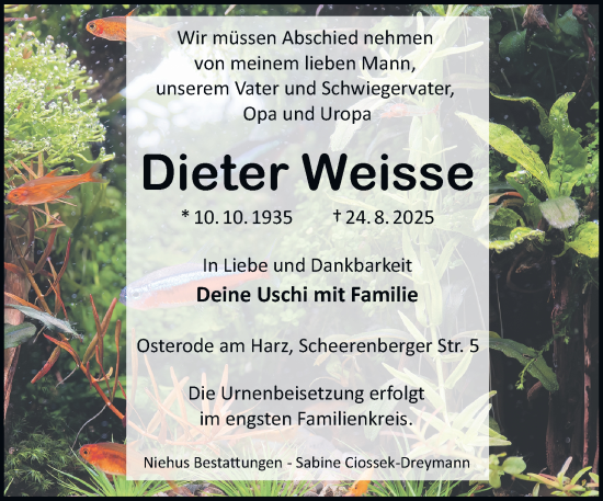 Traueranzeige von Dieter Weisse von Harz Kurier