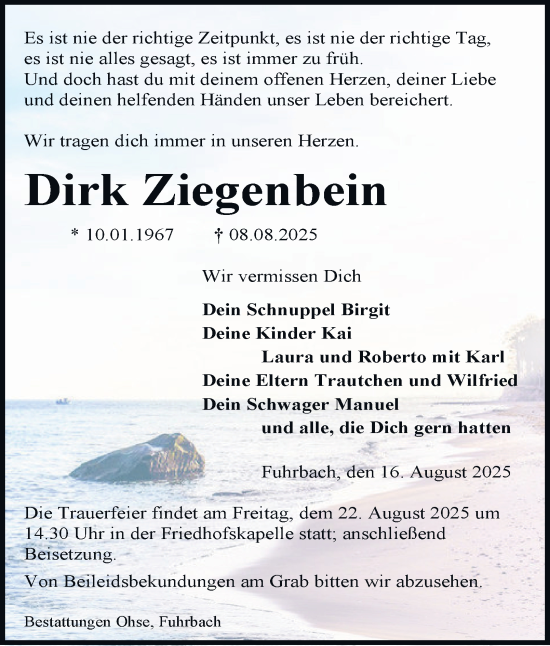 Traueranzeige von Dirk Ziegenbein von Harz Kurier