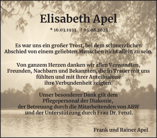 Traueranzeige von Elisabeth Apel von Harz Kurier