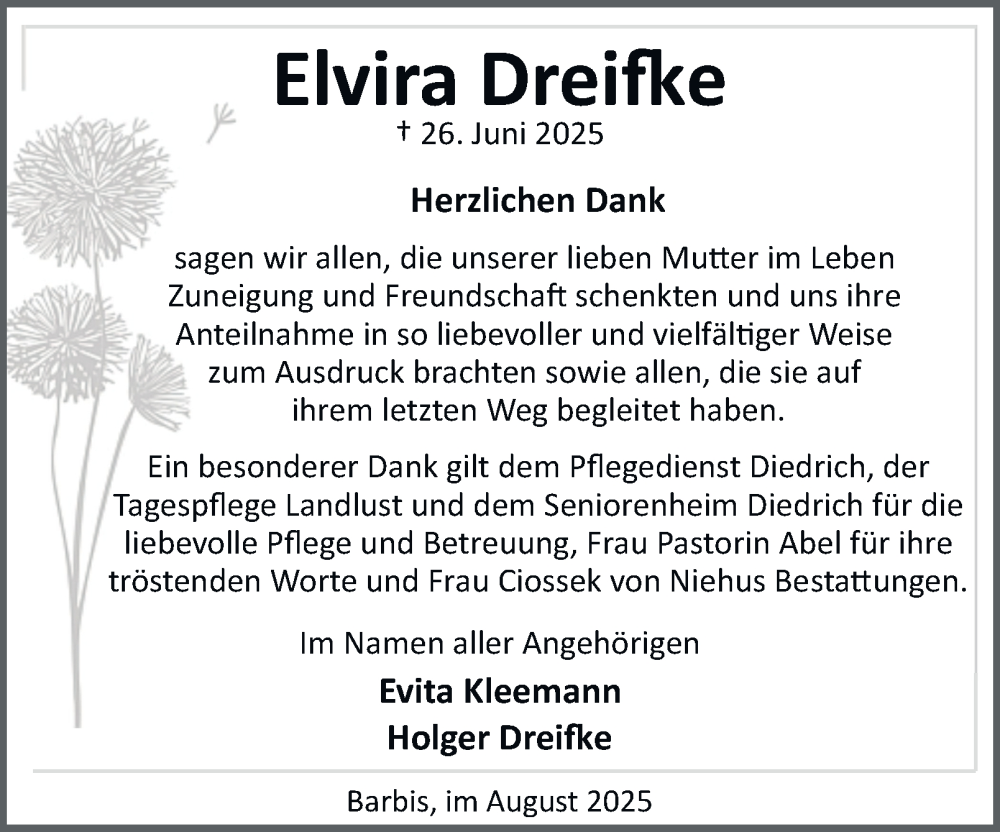  Traueranzeige für Elvira Dreifke vom 09.08.2025 aus Harz Kurier