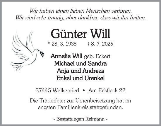 Traueranzeige von Günter Will von Harz Kurier