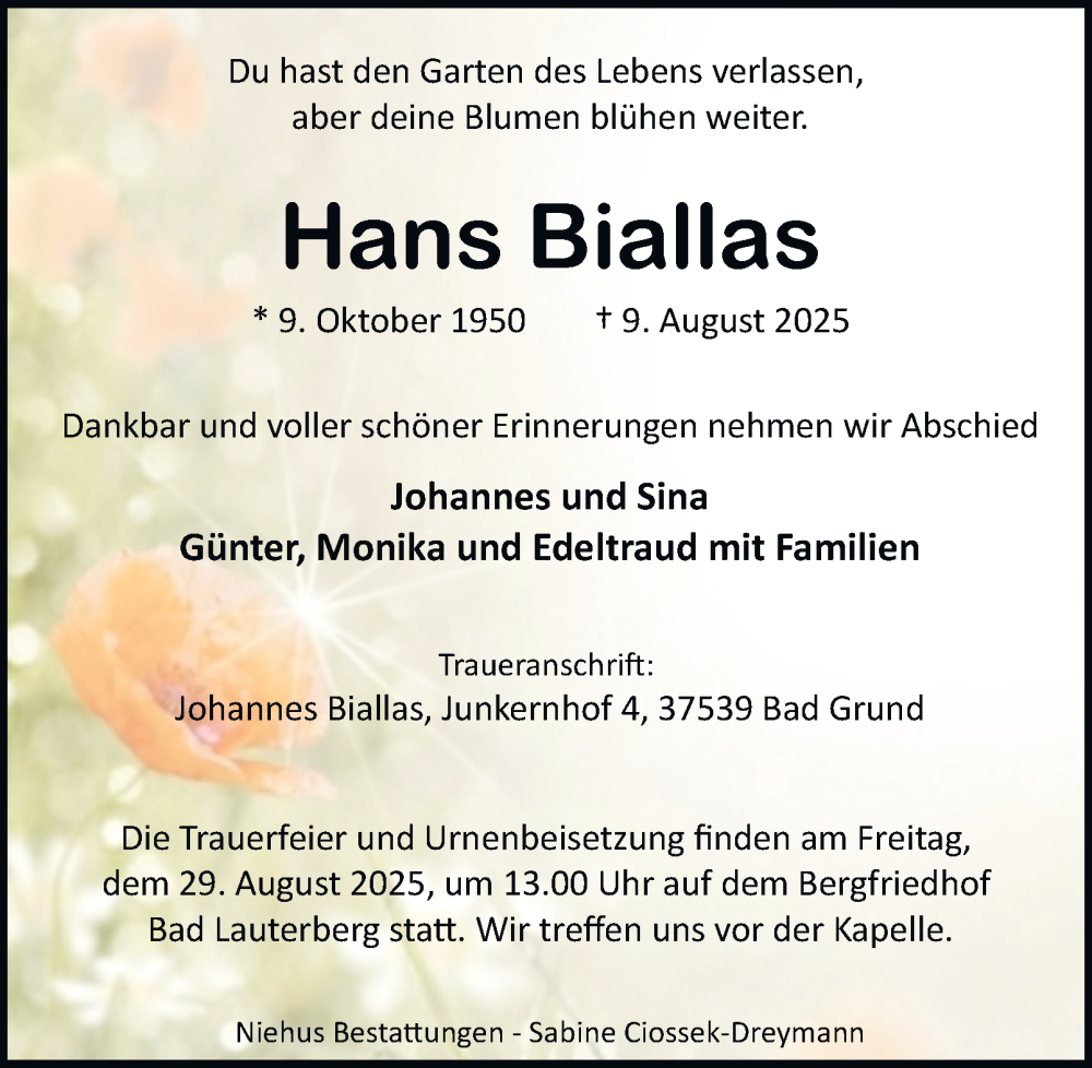  Traueranzeige für Hans Biallas vom 16.08.2025 aus Harz Kurier