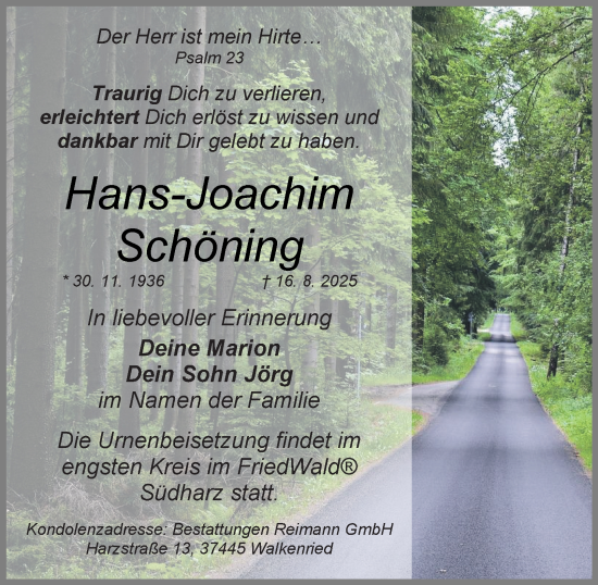 Traueranzeige von Hans-Joachim Schöning von Harz Kurier