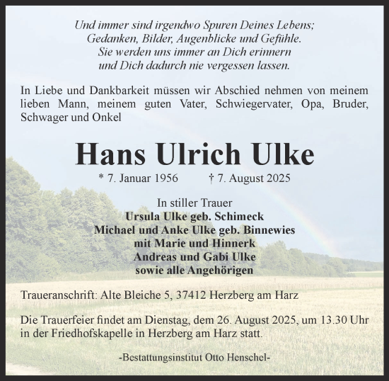 Traueranzeige von Hans Ulrich Ulke von Harz Kurier