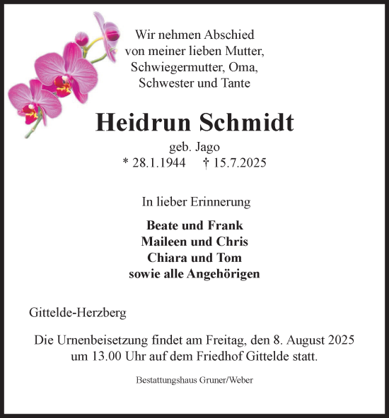 Traueranzeige von Heidrun Schmidt von Harz Kurier