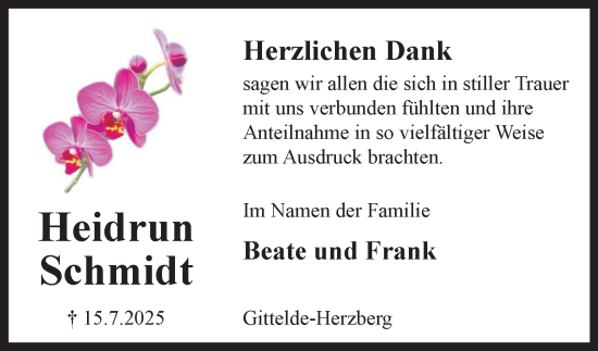 Traueranzeige von Heidrun Schmidt von Harz Kurier