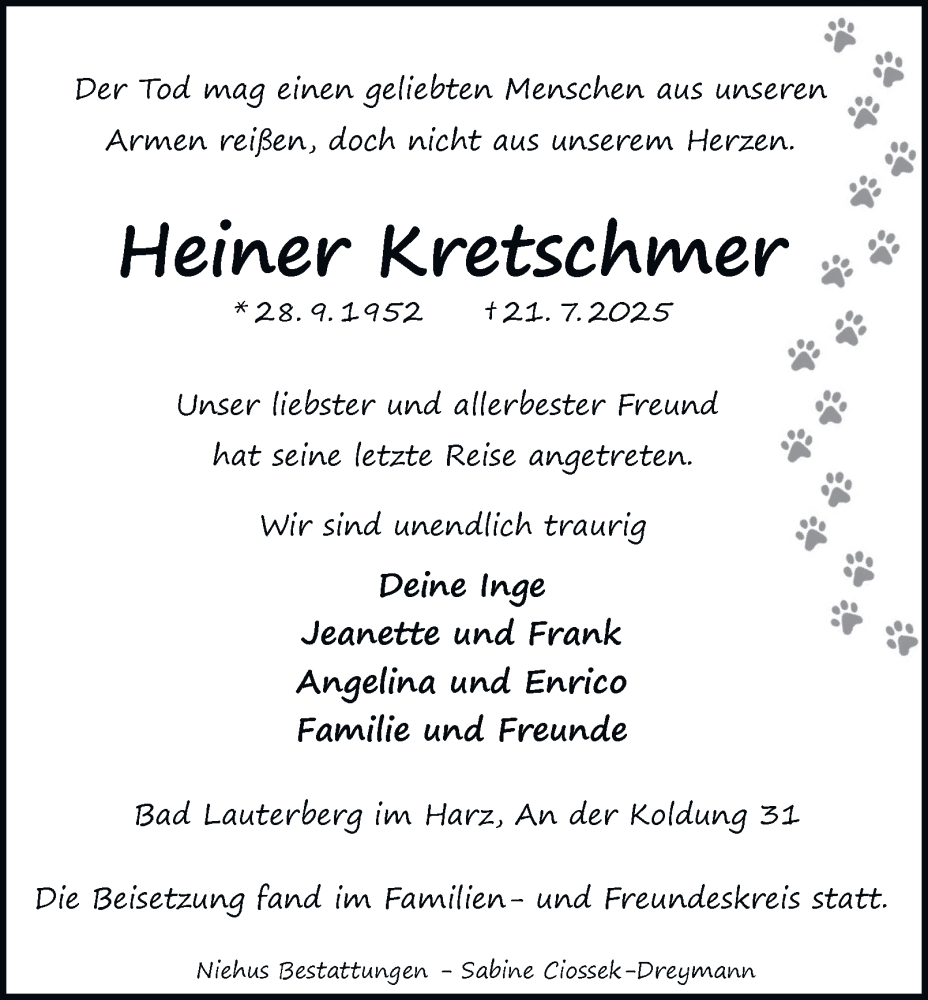  Traueranzeige für Heiner Kretschmer vom 02.08.2025 aus Harz Kurier