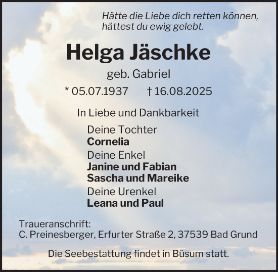 Traueranzeige von Helga Jäschke von Harz Kurier