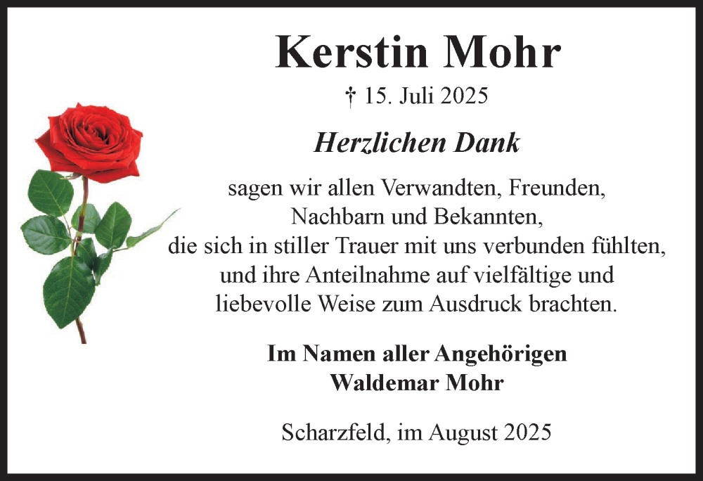  Traueranzeige für Kerstin Mohr vom 09.08.2025 aus Harz Kurier