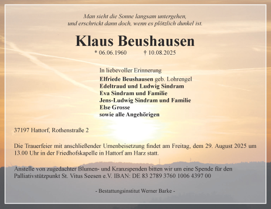 Traueranzeige von Klaus Beushausen von Harz Kurier