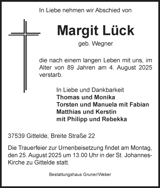 Traueranzeige von Margit Lück von Harz Kurier