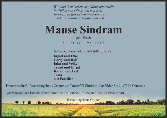 Traueranzeige von Mause Sindram von Harz Kurier