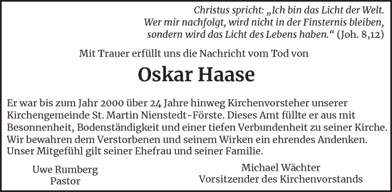 Traueranzeige von Oskar Haase von Harz Kurier