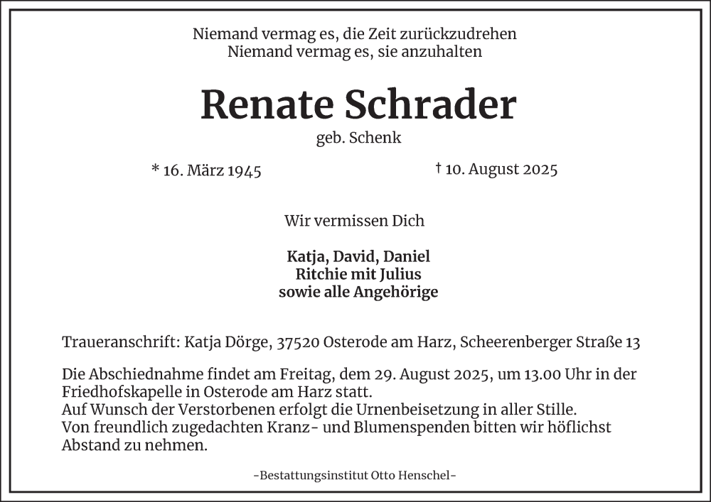  Traueranzeige für Renate Schrader vom 23.08.2025 aus Harz Kurier