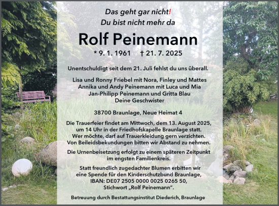 Traueranzeige von Rolf Peinemann von Harz Kurier