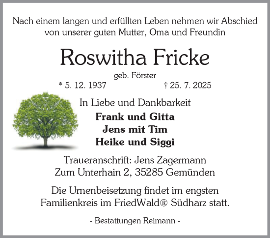 Traueranzeige von Roswitha Fricke von Harz Kurier