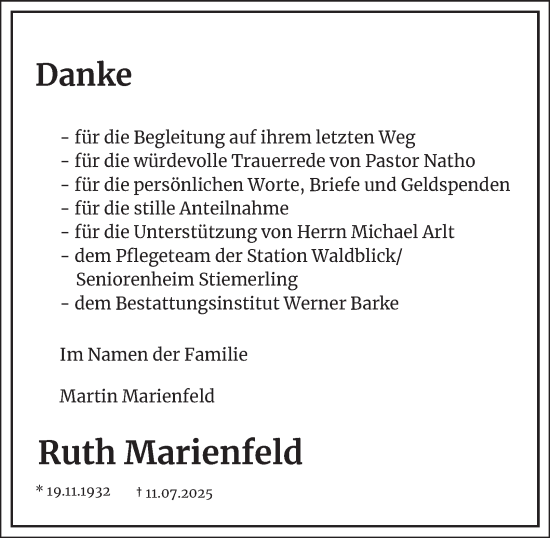 Traueranzeige von Ruth Marienfeld von Harz Kurier