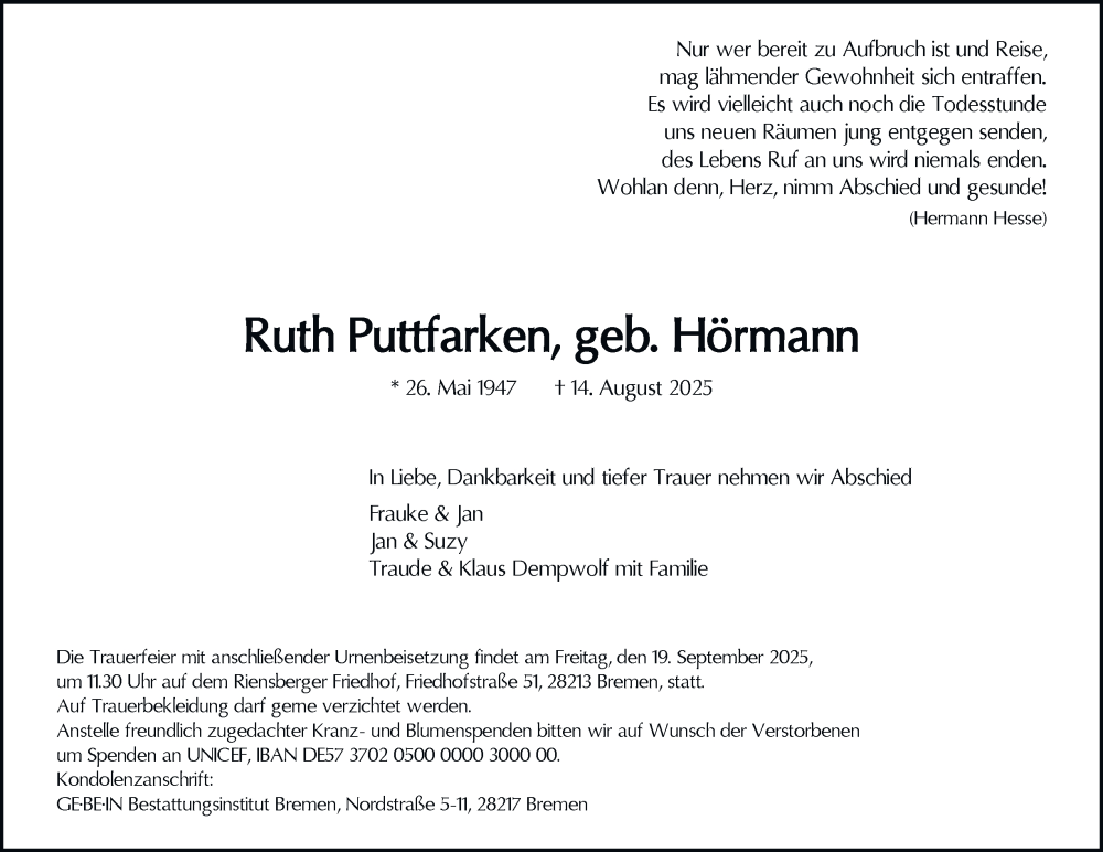  Traueranzeige für Ruth Puttfarken vom 30.08.2025 aus Harz Kurier