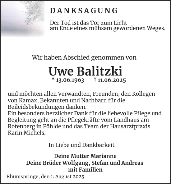 Traueranzeige von Uwe Balitzki von Harz Kurier