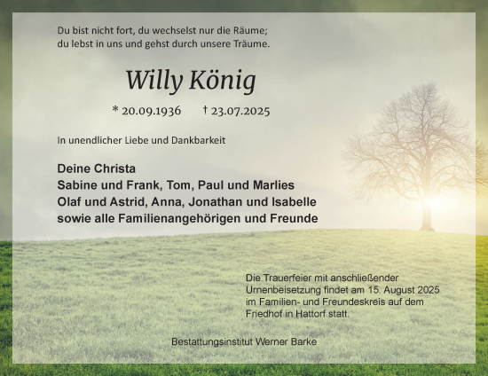 Traueranzeige von Willy König von Harz Kurier
