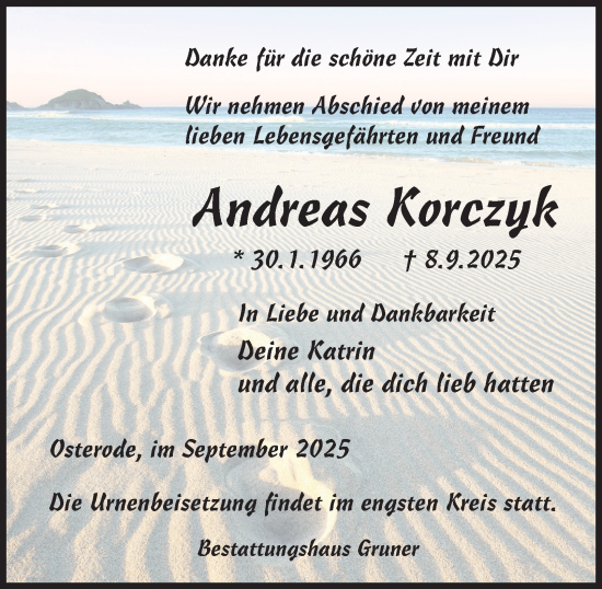 Traueranzeige von Andreas Korczyk von Harz Kurier