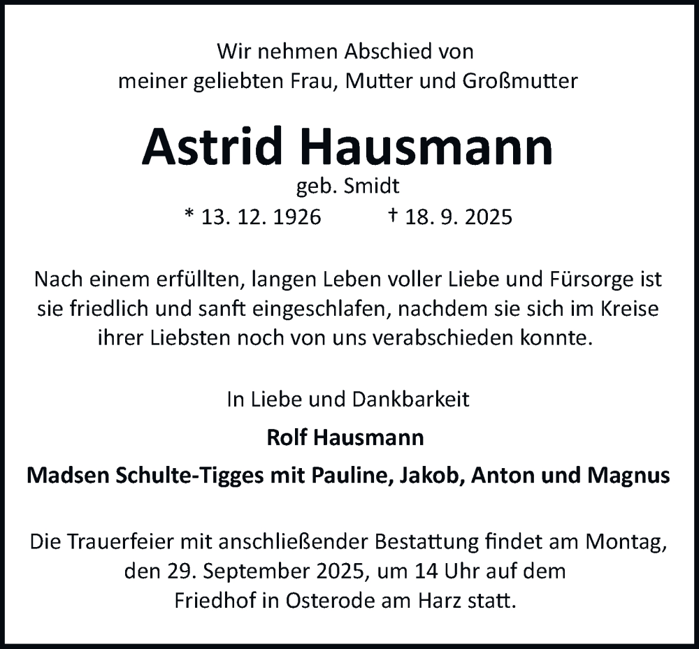  Traueranzeige für Astrid Hausmann vom 24.09.2025 aus Harz Kurier