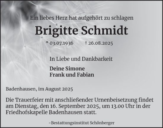 Traueranzeige von Brigitte Schmidt von Harz Kurier