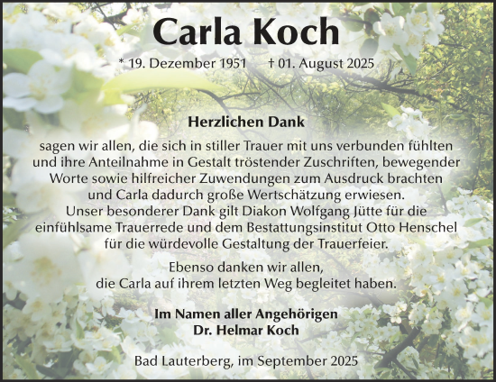 Traueranzeige von Carla Koch von Harz Kurier