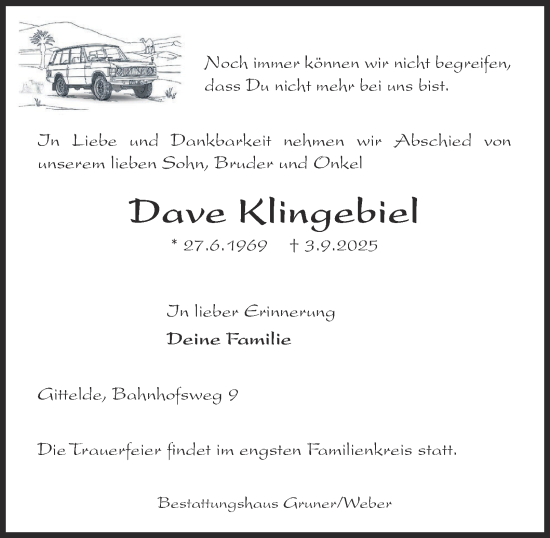 Traueranzeige von Dave Klingebiel von Harz Kurier