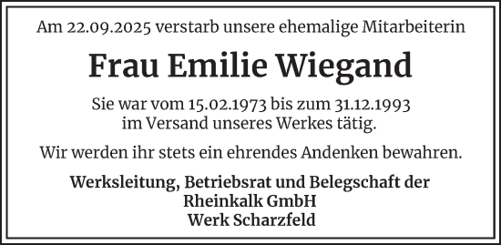 Traueranzeige von Emilie Wiegand von Harz Kurier