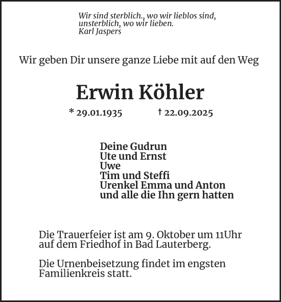 Traueranzeige von Erwin Köhler von Harz Kurier