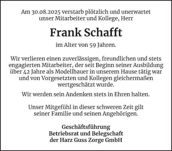 Traueranzeige von Frank Schafft von Harz Kurier