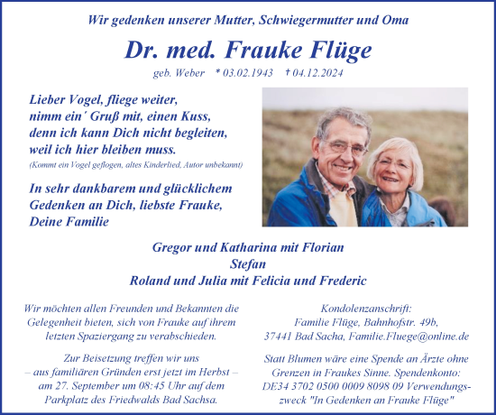 Traueranzeige von Frauke Flüge von Harz Kurier