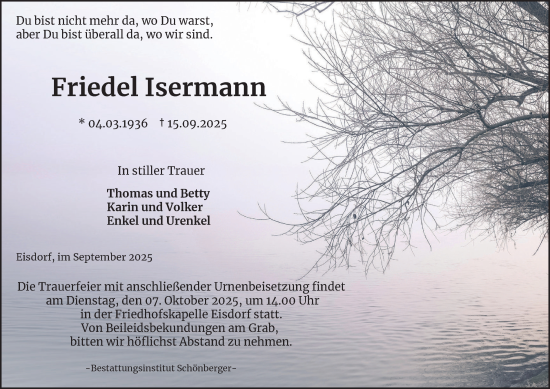 Traueranzeige von Friedel Isermann von Harz Kurier