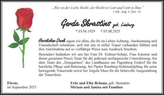 Traueranzeige von Gerda Skrastins von Harz Kurier