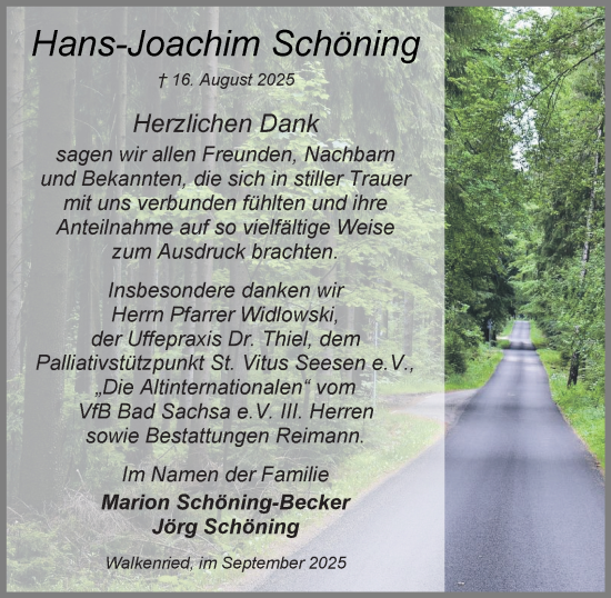 Traueranzeige von Hans-Joachim Schöning von Harz Kurier