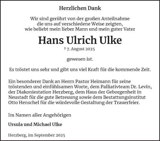 Traueranzeige von Hans Ulrich Ulke von Harz Kurier