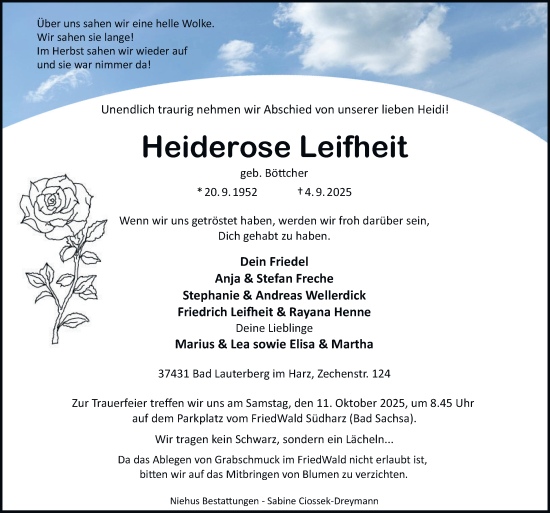 Traueranzeige von Heiderose Leifheit von Harz Kurier