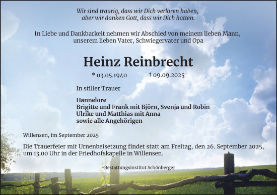 Traueranzeige von Heinz Reinbrecht von Harz Kurier