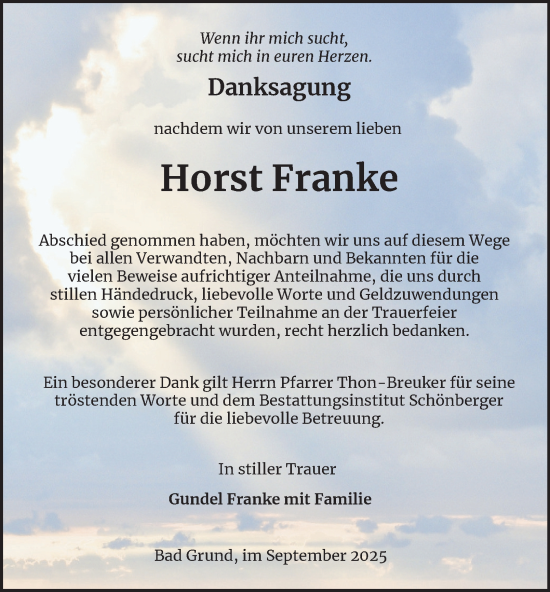 Traueranzeige von Horst Franke von Harz Kurier