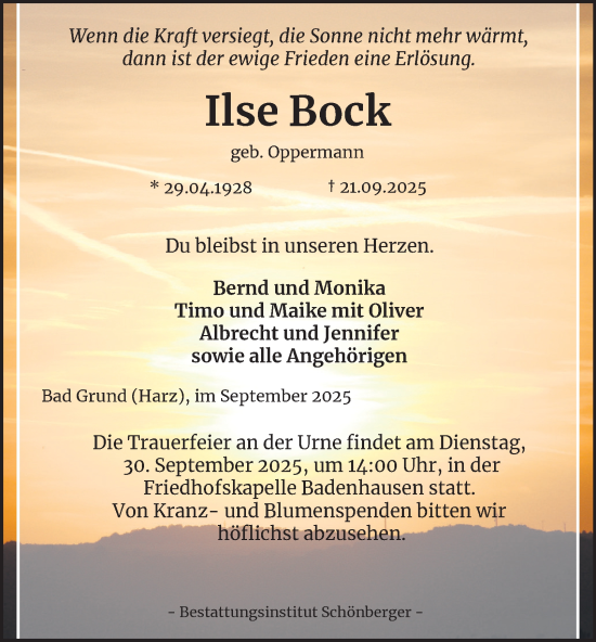 Traueranzeige von Ilse Bock von Harz Kurier