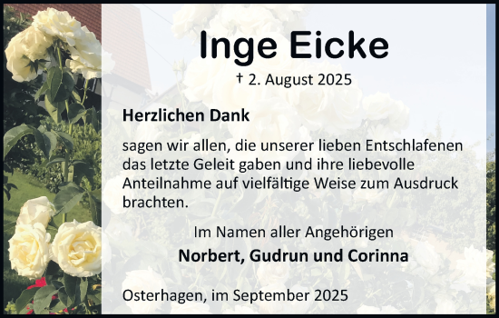 Traueranzeige von Inge Eicke von Harz Kurier