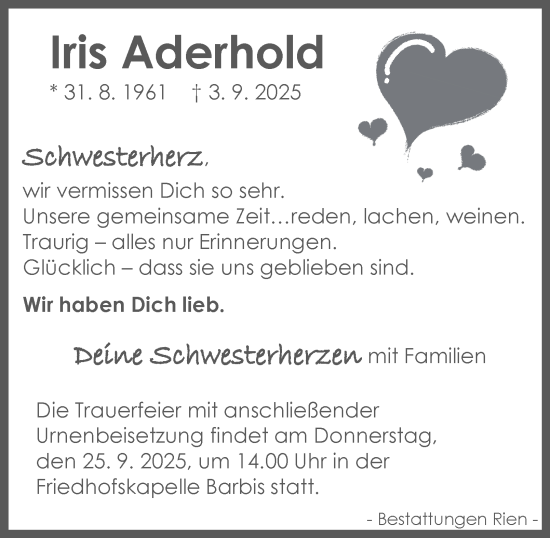 Traueranzeige von Iris Aderhold von Harz Kurier