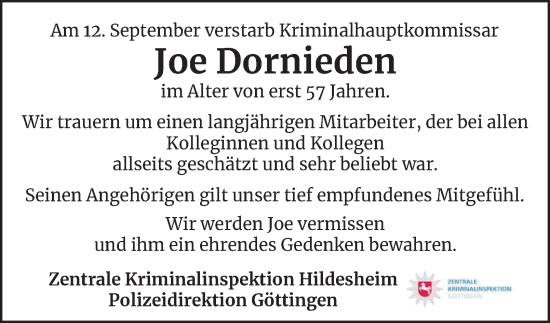 Traueranzeige von Joe Dornieden von Harz Kurier