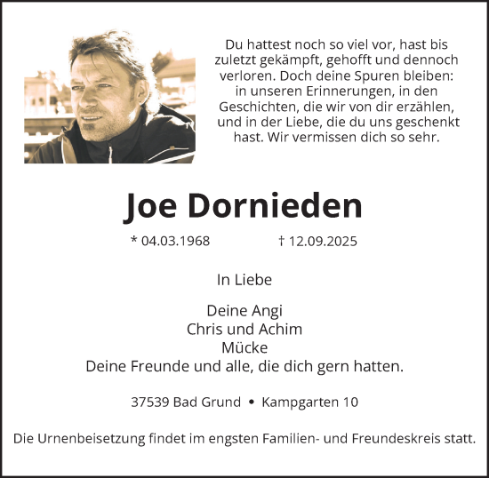Traueranzeige von Joe Dornieden von Harz Kurier