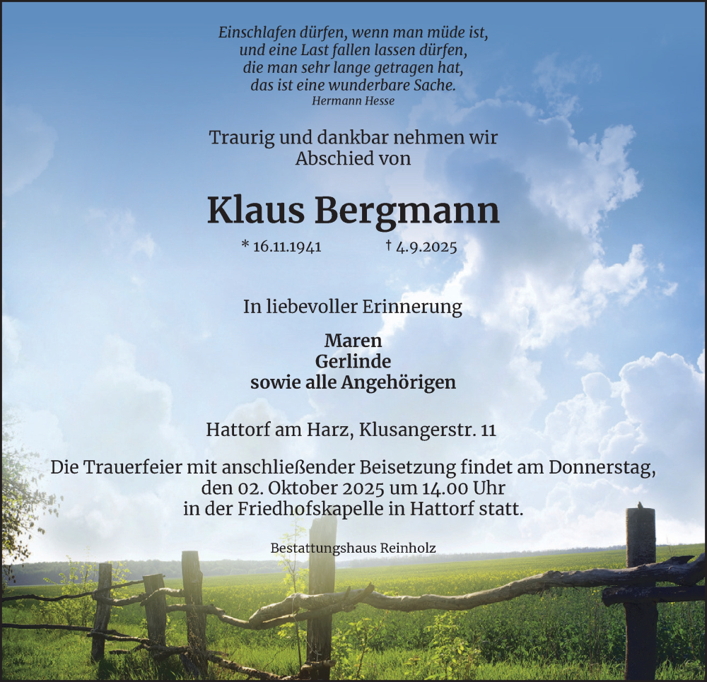  Traueranzeige für Klaus Bergmann vom 20.09.2025 aus Harz Kurier