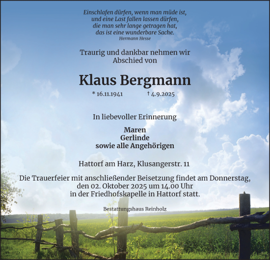 Traueranzeige von Klaus Bergmann von Harz Kurier