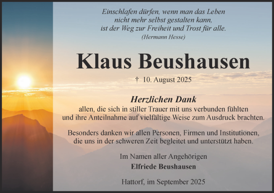 Traueranzeige von Klaus Beushausen von Harz Kurier