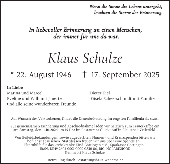 Traueranzeige von Klaus Schulze von Harz Kurier