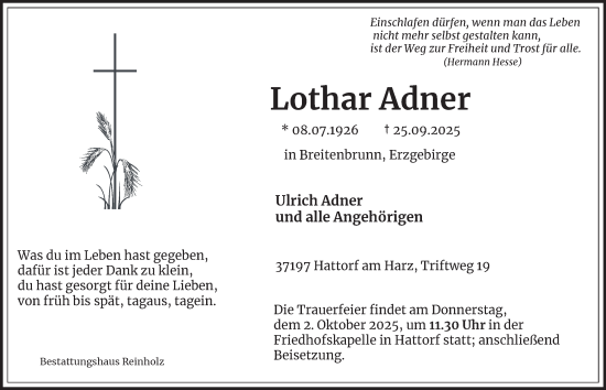Traueranzeige von Lothar Adner von Harz Kurier